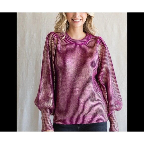 Jodifl Metallic Pink Gold Knit Sweater Ballooon Sleeves Ribbed Size S Party Cozy - Picture 1 of 12